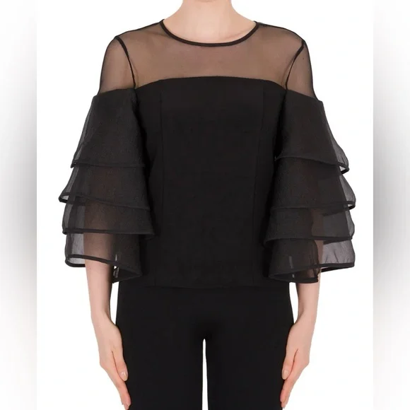 NWT NEW Joseph Ribkoff Chic Black Top Organza Neckline &Ruffled Sleeves 18 HTF